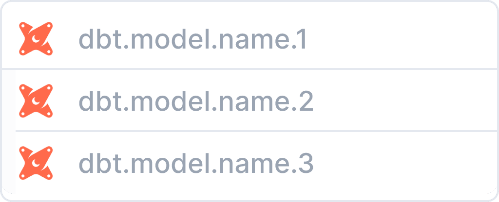 Semi-opaque, open dropdown with three example dbt model names such as 'dbt.model.name.1'.