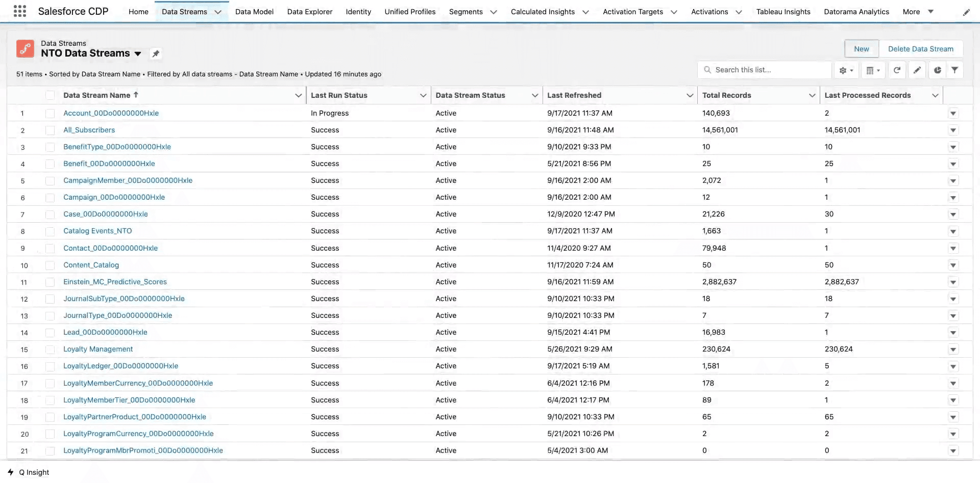 data stream status view in Salesforce CDP