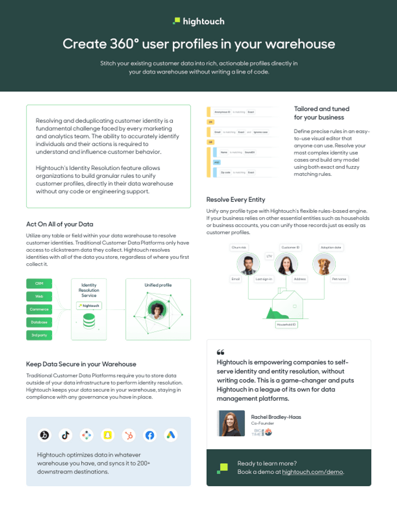 Hightouch Identity Resolution: Create 360-degree profiles in your warehosue.