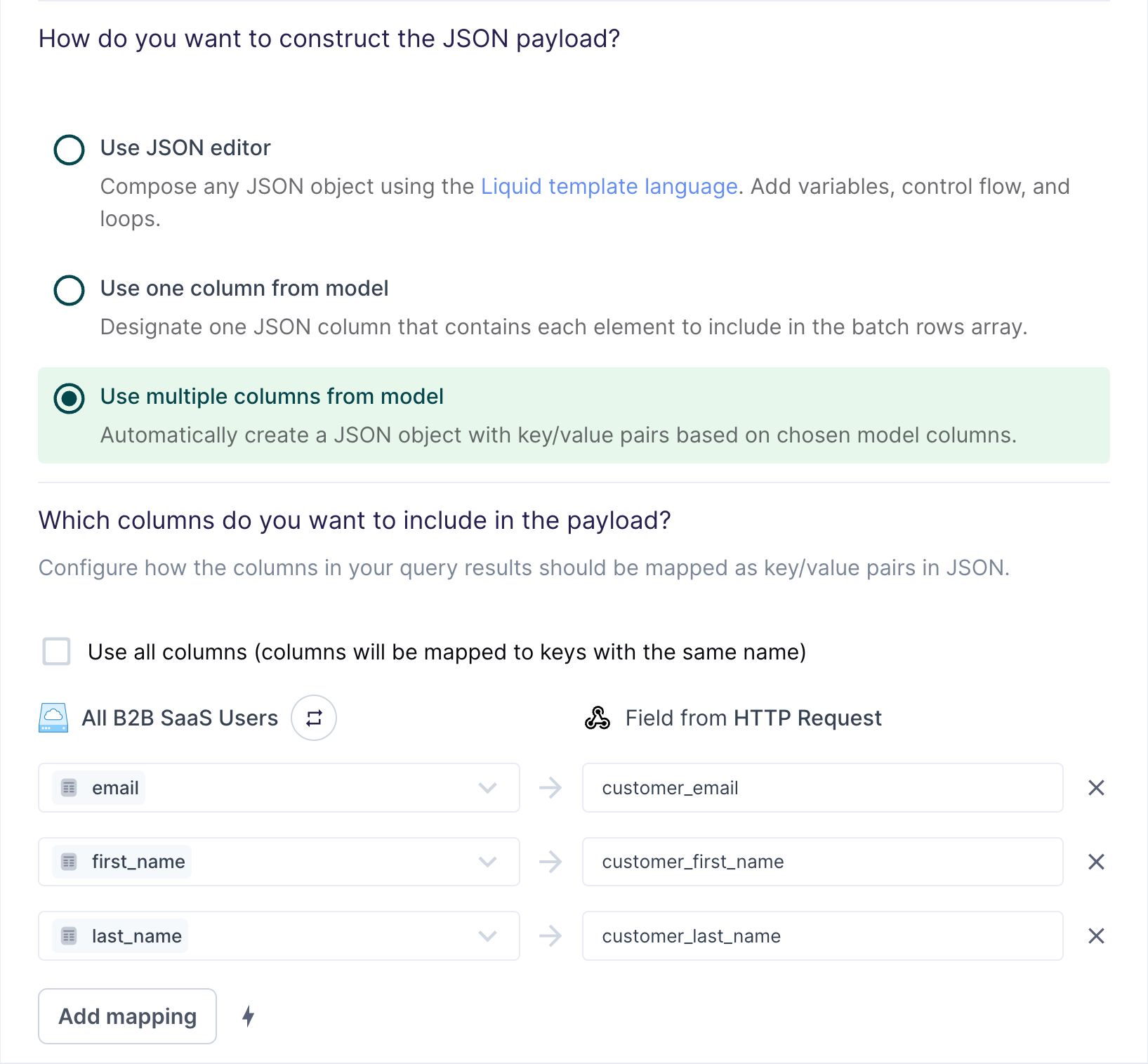 Selecting using multiple columns from the model as the paylod construction method in the Hightouch UI