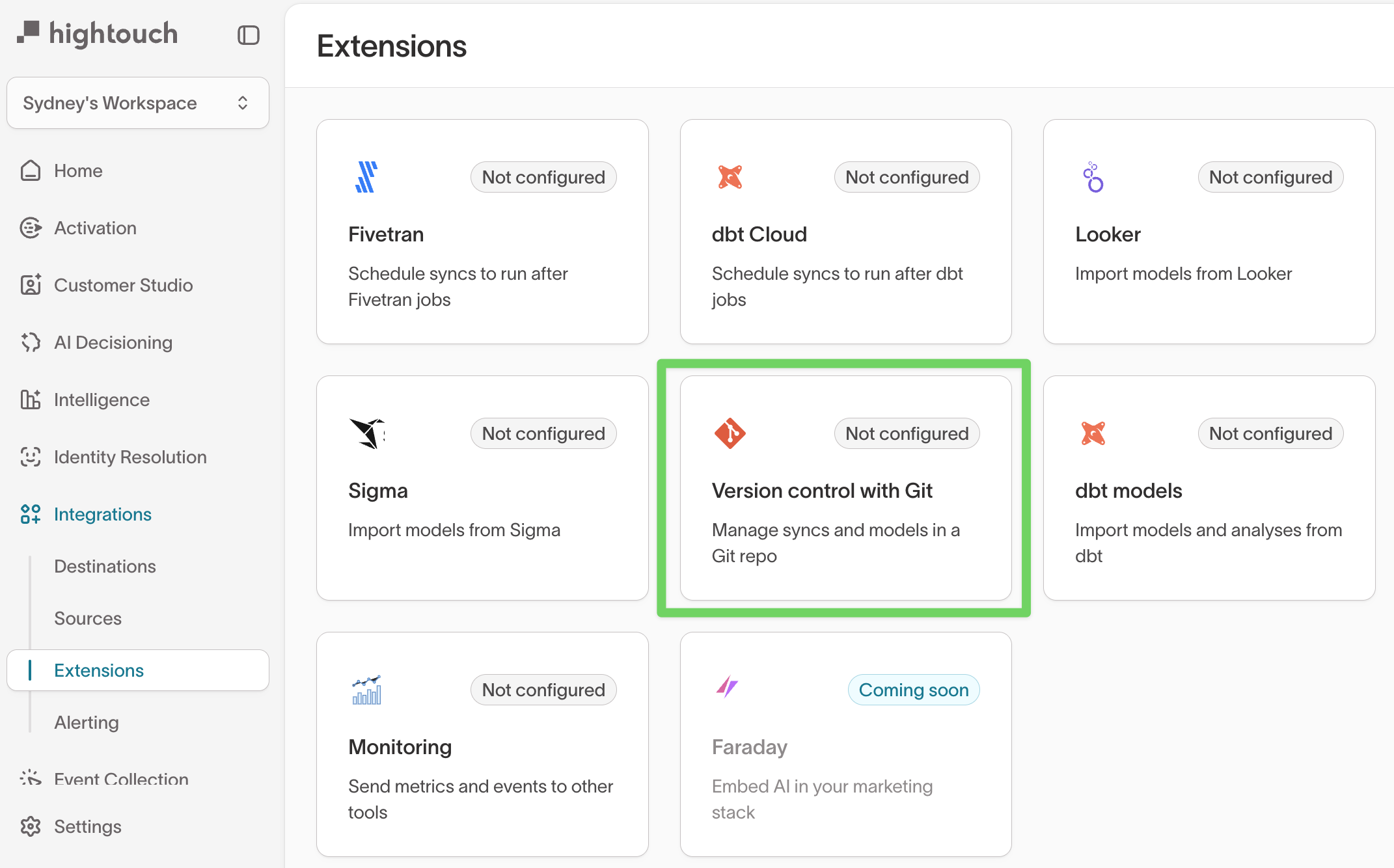 Extensions page in Hightouch