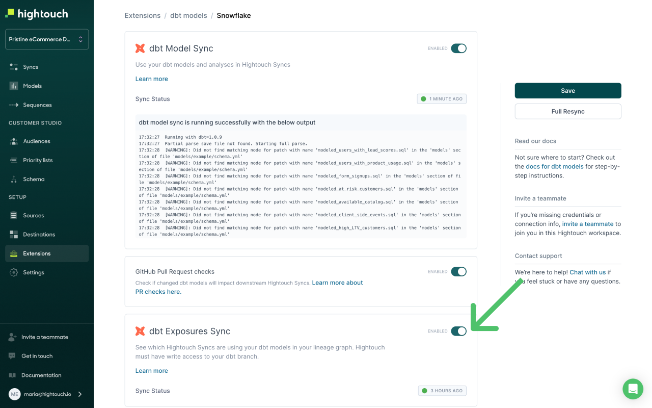Turning on dbt Exposure Sync in Hightouch