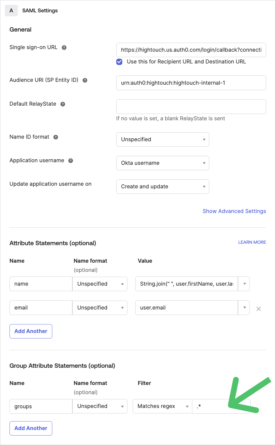 Setting the group attribute name to "groups" in the Okta UI